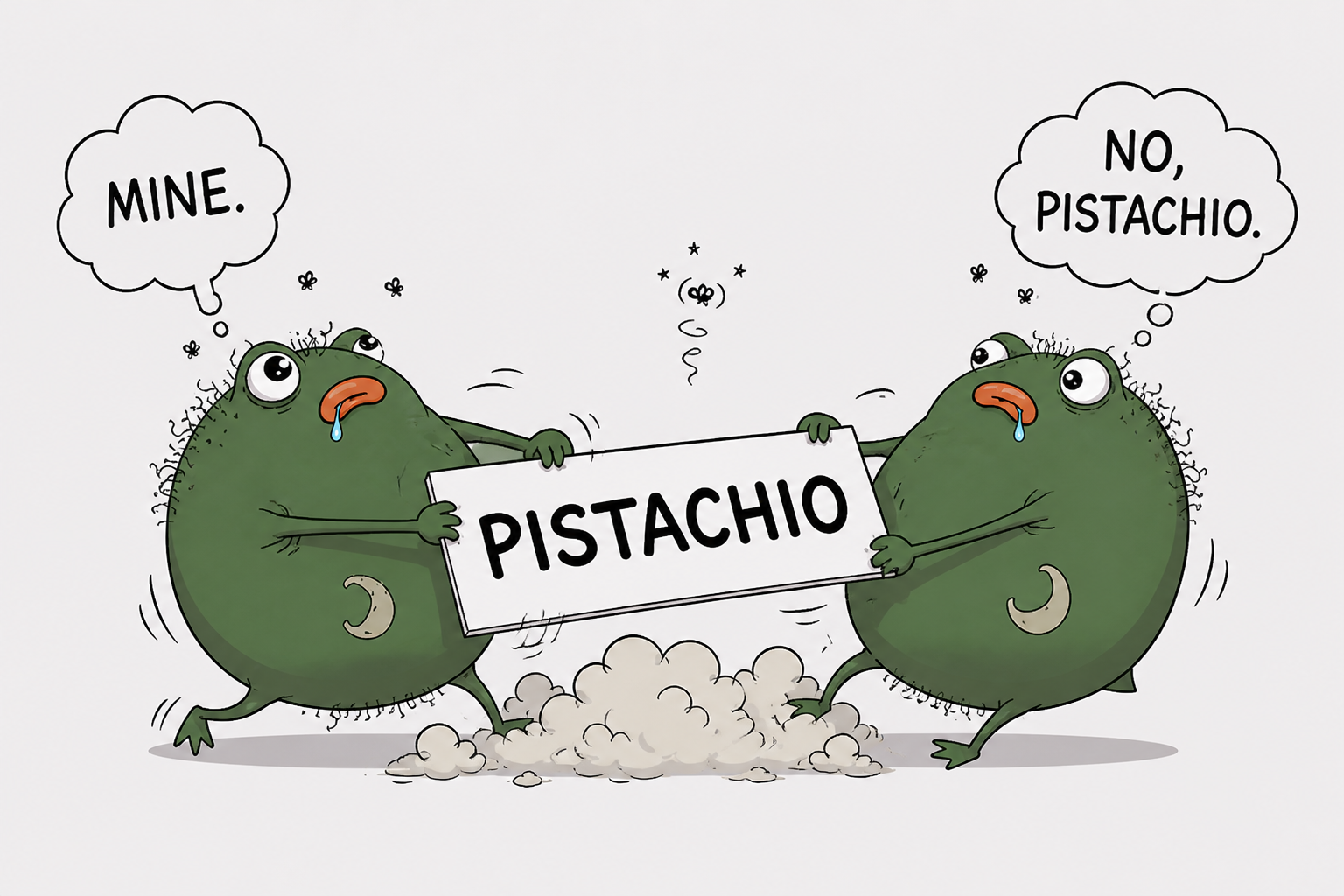 Two Pistachio mascots fighting over the name Pistachio