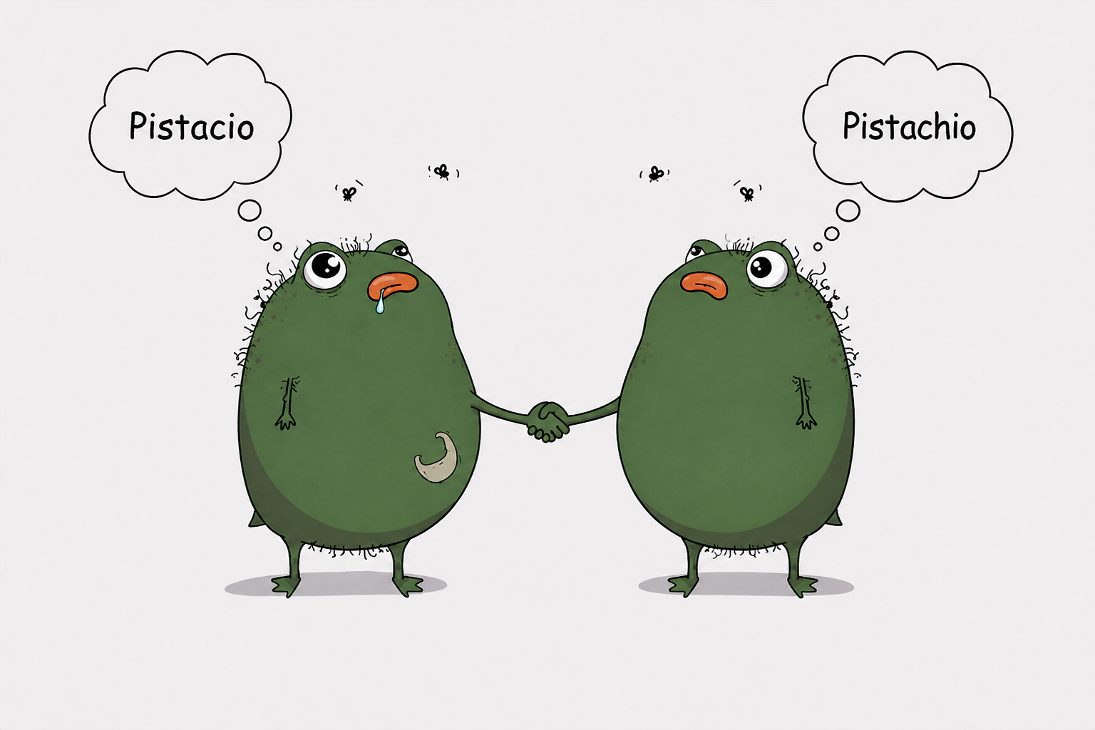 Two Pistachio mascots shaking hands over Pistacio versus Pistachio