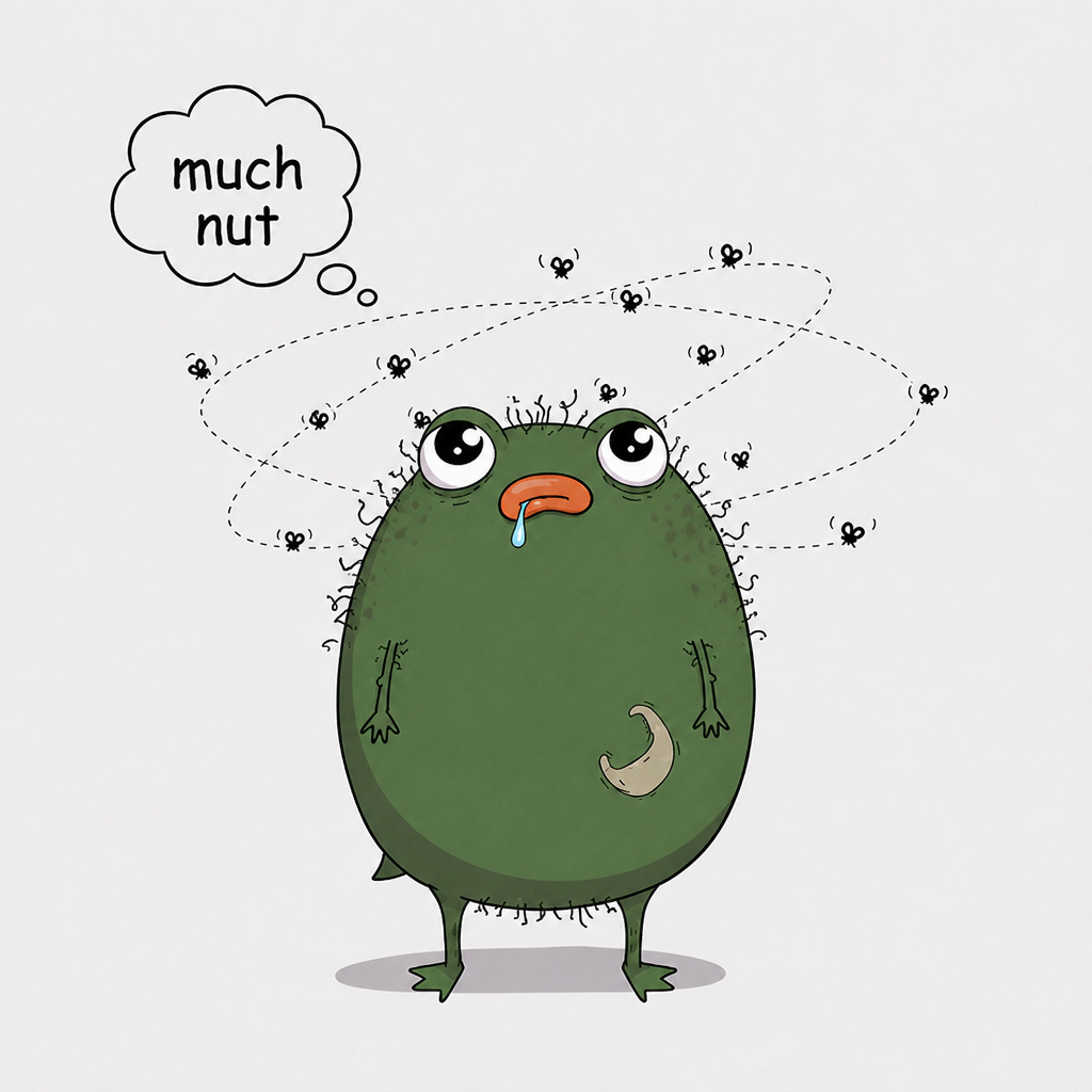 Flies orbiting the Pistachio mascot like planets
