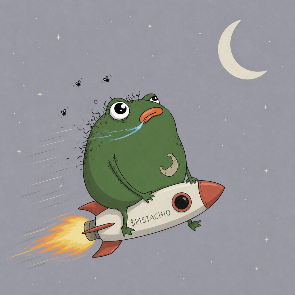 Pistachio mascot riding a rocket to the moon