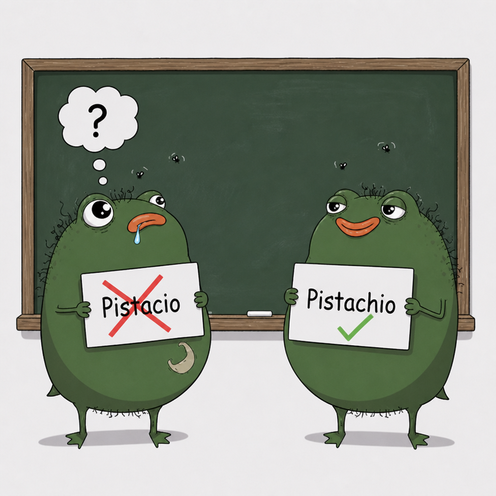 Two Pistachio mascots arguing over Pistacio versus Pistachio spelling